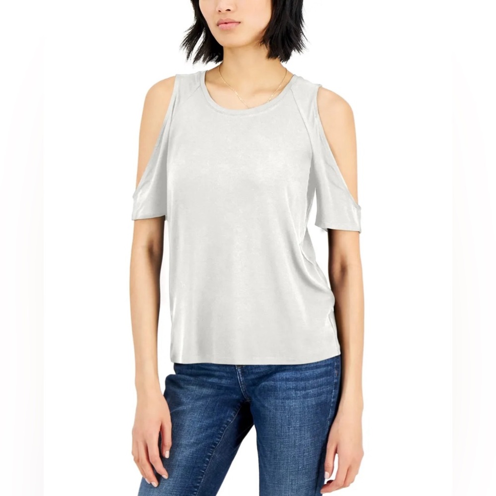 (XS:NWT) $39.50|INC International Concepts Cold-Shoulder T-Shirt, Washed White